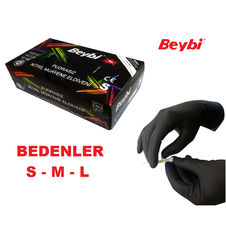 Beybi Siyah Nitril Muayene Eldiven - Pudrasız